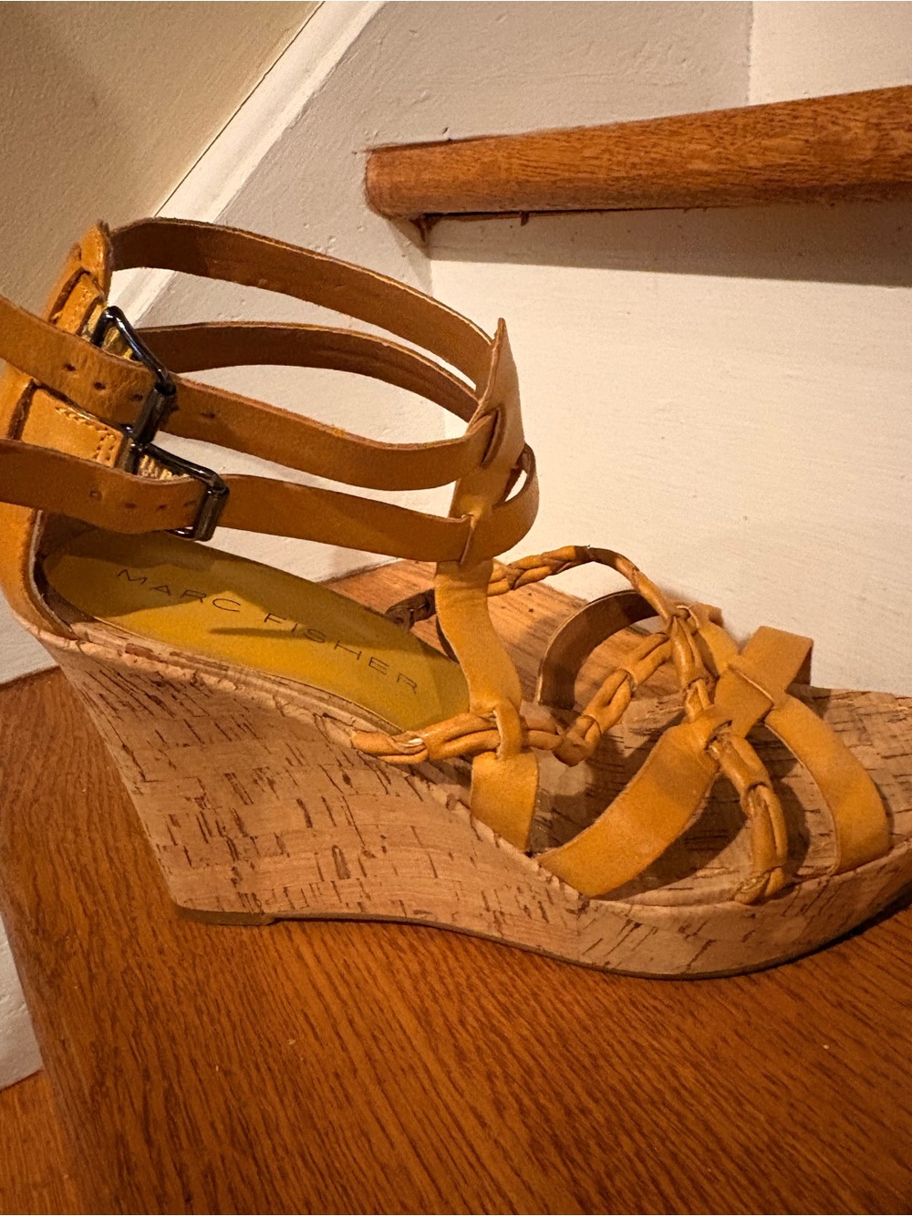 Marc Fisher Yellow Braided Leather Cork Wedge Sandals